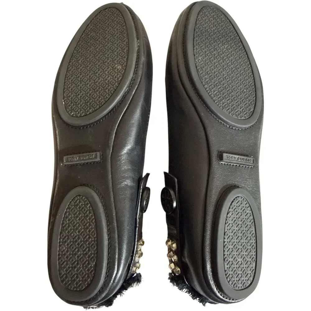 Tory Burch Black Leather Crystal Convertible Mary Jane Ballet Flats Size 8 EUC